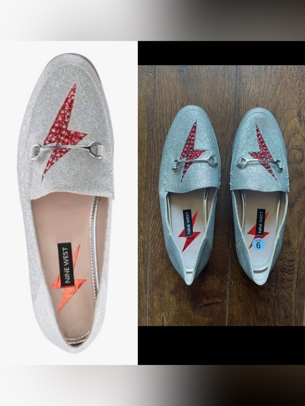 New Nine West Silver Sparkly Lightning Bolt ⚡️ Loafers Slip On Shoes. Size 6.
